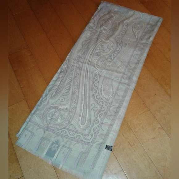New ETRO scarf shawl wool silk Paisley Rectangle art deco Italy 26" x 66" - Picture 3 of 8